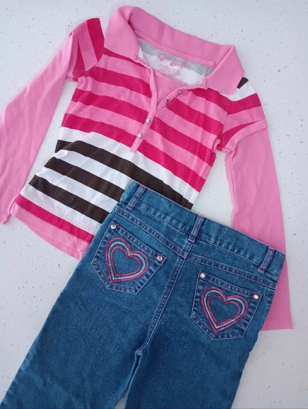 Vintage Girls' Pink Striped Longsleeve And Sequin Heart Blue Jeans Outfit Size 6